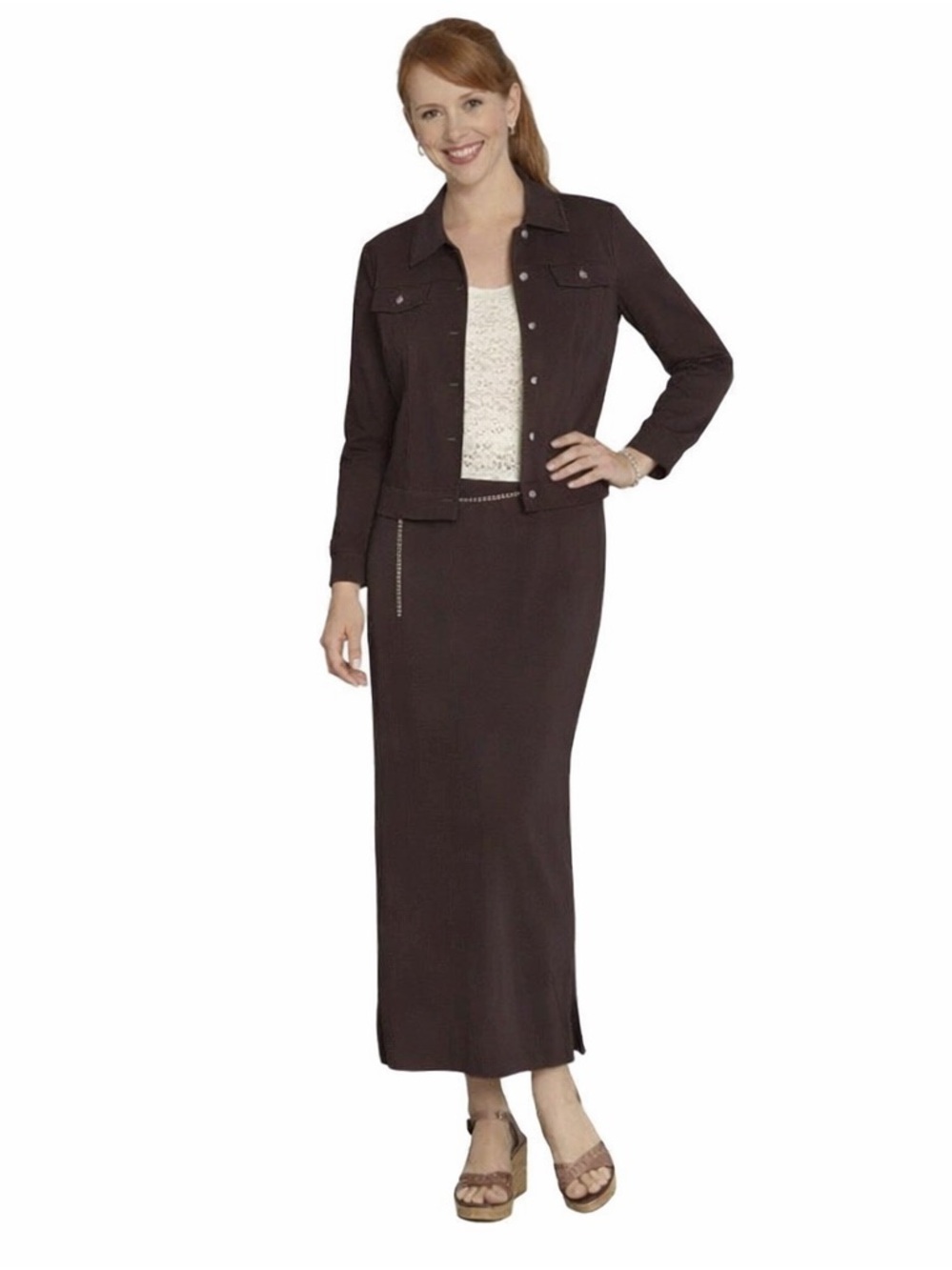 Monroe & Main Stretch Knit Career Casual Mini Ottoman Brown Midi Skirt Suit